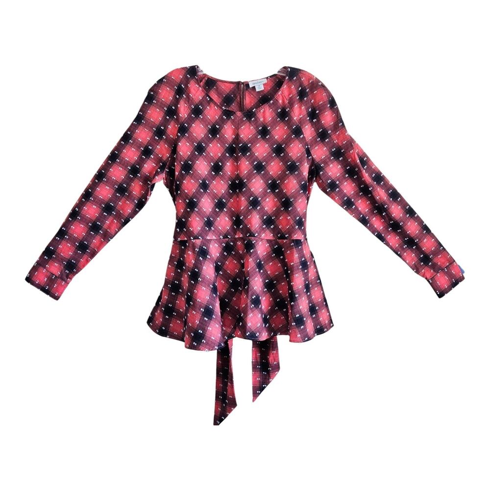 SUNDANCE Women M Blouse Bias Check Black Salmon Swiss Dot Peplum Cotton 40"